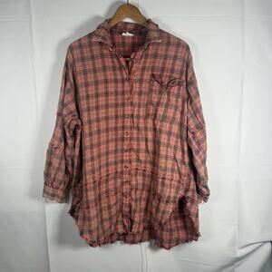 Easel Oversized Plaid Button Down Tunic Shirt M Coral Frayed Hem Boho Grunge